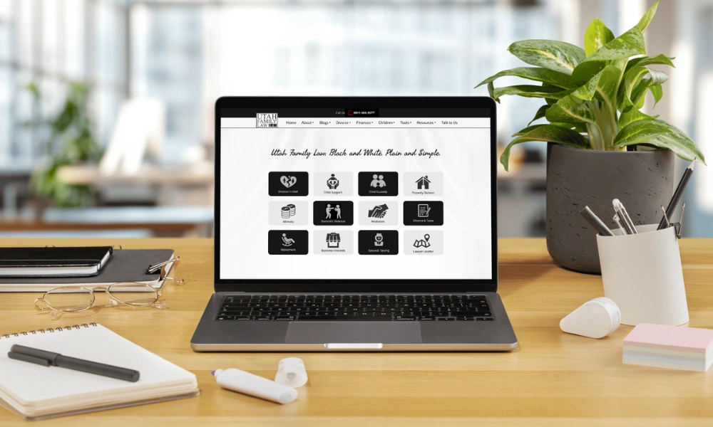 Laptop mockup displaying the homepage of Utah Family Law LC, showcasing custom web design for legal and professional services.